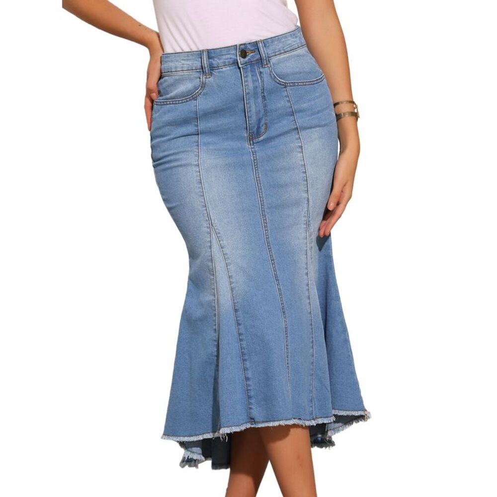Washed Fishtail High Waist Jean Denim Fashion Casual Midi Skirt Light Blue